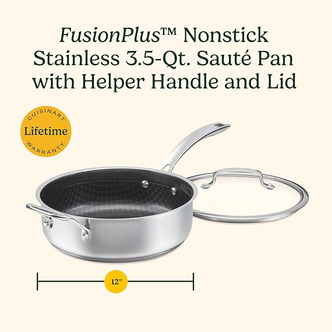 Cuisinart FusionPlus Nonstick Stainless Steel Cookware, 3.5-Quart Saut챕 Pan with Cover and Helper, PFAS-Free PURELYSEAR Ceramic Non Stick Technology, Scratch Proof, Cool Grip Handles, Dishwasher Safe