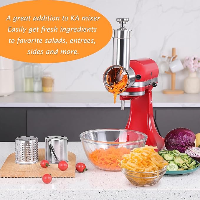 Fresh Prep Slicer Shredder Attachment for KitchenAid Stand Mixers, Stainless Steel Large Salad Maker,Cheese Grater Accessories with 3 Thick Blades,Dishwasher Safe
