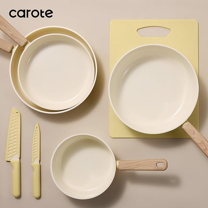 CAROTE 16pcs Ceramic Cookware Set, Pots and Pans Non Stick Kitchen Cookware Sets, Pots and Pans Set Cooking Set with Knife Set