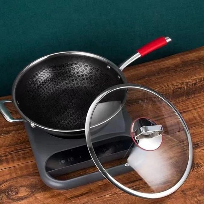 Honeycomb Wok 12 inch Pan with Lid, nonstick stir fry with silicone handles, Hybrid stainless steel cooking frying pan, dishwasher safe.