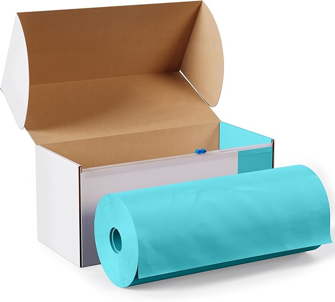 Exquisite Light Blue Plastic 54x100in Table Cover Roll with Built-in Cutter - 100 Feet, Disposable, Waterproof, All-Season, Rectangular
