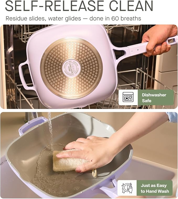 10.5 Inch(3.8QT) Ceramic Pan with Lid,Non Stick Frying Pans Cast Aluminum Deep Saut챕 Pans,Ti-Ceramic Non Toxic Pix Pan with Wooden Spatula and Scrubber-Morning Mist