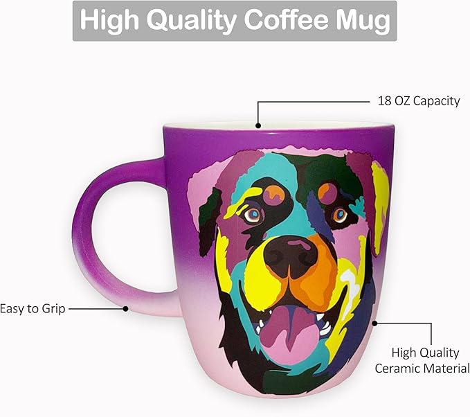 Soft Touch Rottweiler Purple Mug - 18 Oz Ceramic Coffee Mug with Premium Box - Unique Coffee Cup for Dog Lovers - Best Tea Cup for Every Occasion