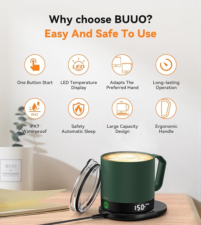 Heated Coffee Mug Rechargeable - Temperature Control Self Heating Coffee Mug 14oz with Lid, Double Sided & Real-Time LED Display, Hot up to 150?? Birthday Gifts for Women and Men(Green)