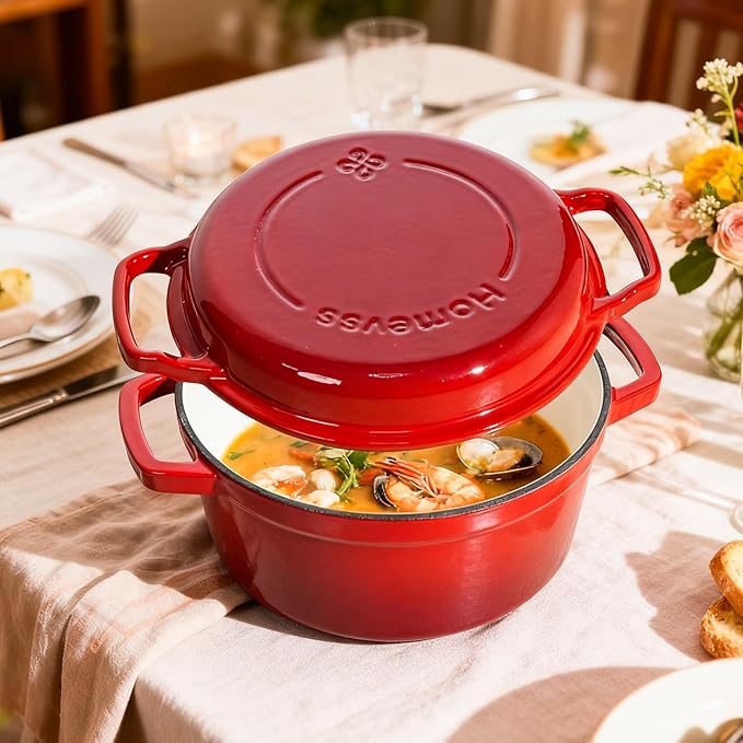 2-in-1 Enameled Cast Iron Braiser Pan with Grill Lid - 5-Quart Small Dutch Oven, Non-Stick Cookware Multi Cooker for Bread Baking Cooking Stewing, Suit for All Cooktops, Dual Handles & Oven Safe, Red