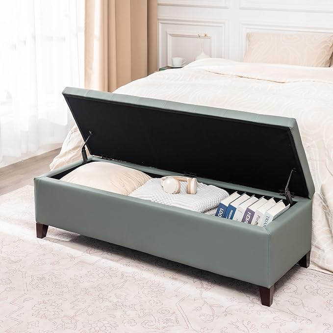DECO DE VILLE Ottoman with Storage, 51 Inch End of Bed Storage Ottoman Bench, Faux Leather Upholstered Ottomans with Hinged Lid, Rectangle Long Foot Rest Bench for Living Room Bedroom Light Green