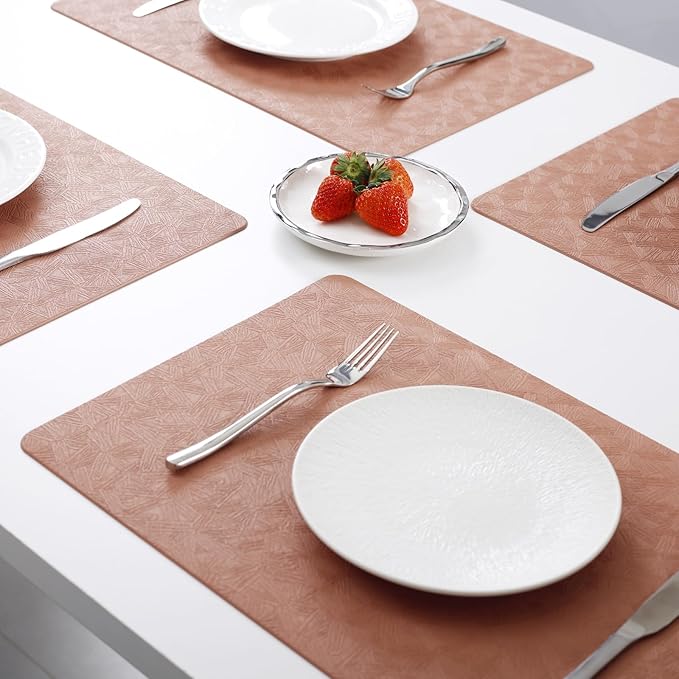 Bxzandya Vinyl Placemats Set of 8 Heat Resistant Easy Clean Non-Slip Place Mats for Dining Table. Faux Leather Waterproof Stain Resistant Wipeable Washable PU Table Mats(8, Coral)