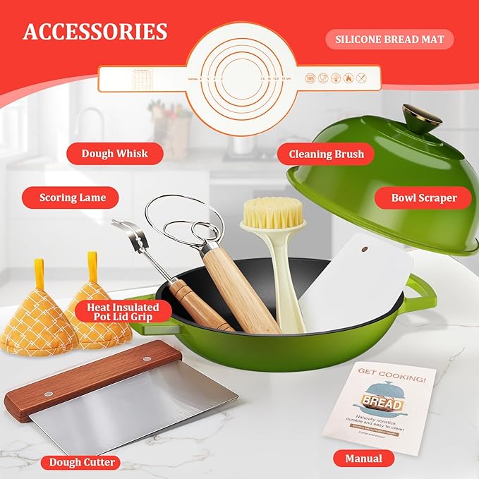 Cast Iron Bread Baking Dutch Oven - Enameled Cast Iron Oven Pot with Dome Lid,5QT Bread Baker for Perfect Crust,Oven Safe to 500째F,Sage Green