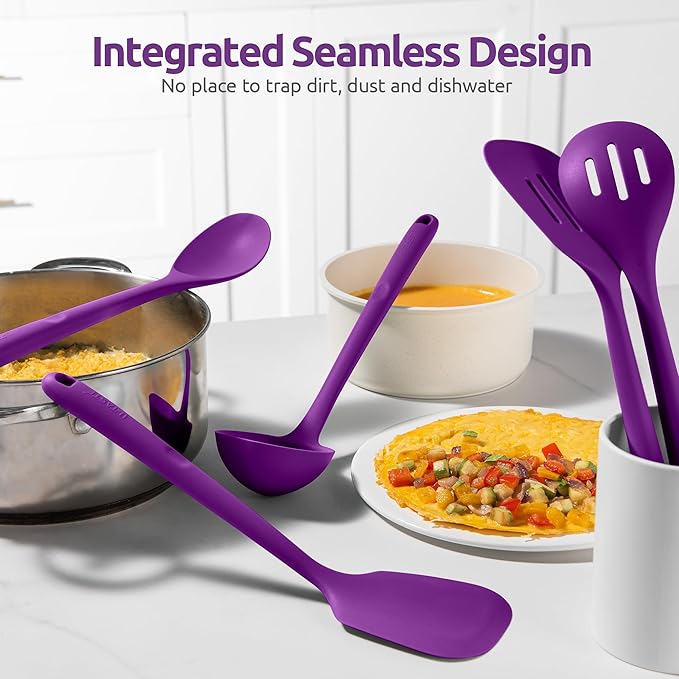 Silicone Kitchen Cooking Utensil Set: U-Taste 600쨘F Heat Resistant 13.6in Extra Long Kitchen Tools, Food-Grade Non-Stick Spatula Turner Spoon Ladle for Stir Frying, Serving, Mixing (5 Pieces, Purple)