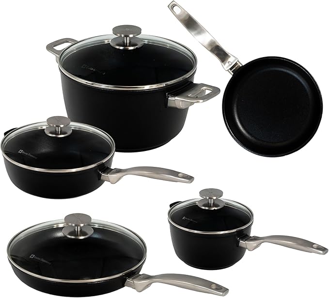 Swiss Diamond Pots and Pans Set Non Stick, Nonstick Hybrid Ceramic and Diamond-Infused, Glass Lids, PFAS- and PFOA-free Cookware Set, Dishwasher & Oven Safe Up To 500 째F, 9 Pieces