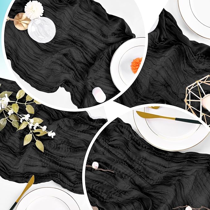 4 Pack Black Cheesecloth Table Runner 20 x 120 inch Gauze Table Runners 10 FT Long,Semi Sheer Boho Cheese Cloth Fabric Table Runner Bulk for Wedding,Party,Baby Shower,Bridal Shower Decoration
