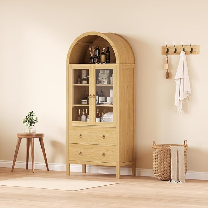 CuisinSmart 71" Display Arched Storage Cabinet, Kitchen Pantry with Tempered Glass Doors, 2 Large Drawers and Adjustable Shelves, Arched Bookshelf Cabinet for Dining Room Kitchen Office- Natural
