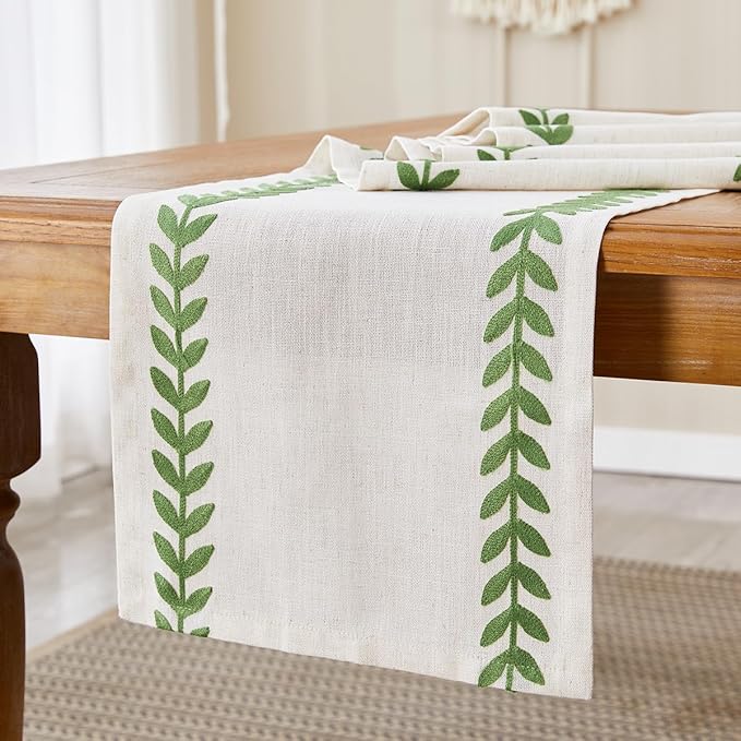 Wracra Embroidered Table Runner Irregular Willow Leaf Table Runners 60 Inches Long for Dresser Home Dining Table Decor,14 x 60 Inch, Green