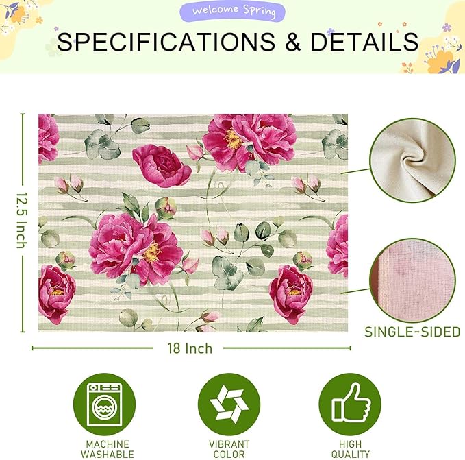 Jauageon Red Peony Flowers Placemat Set of 4 Spring Floral Placemats Spring Summer Eucalyptus Table Mats for Indoor Outdoor Home Party Kitchen Dining Decor Farmhouse Burlap Table Mats 12x18 Inch
