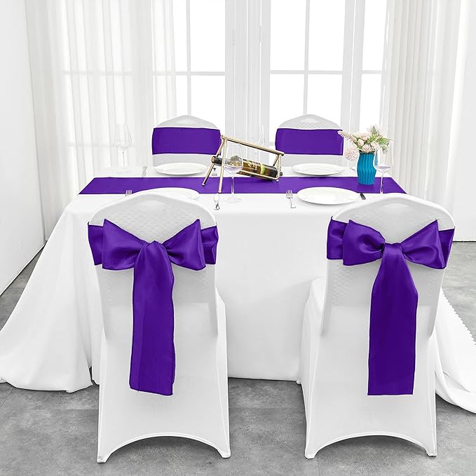 4-Pack Purple Satin Table Runner 12 x 108 Inch Long Bright and Smooth Silk Fabric Table Runner for Wedding Banquet Birthday Party Decoration