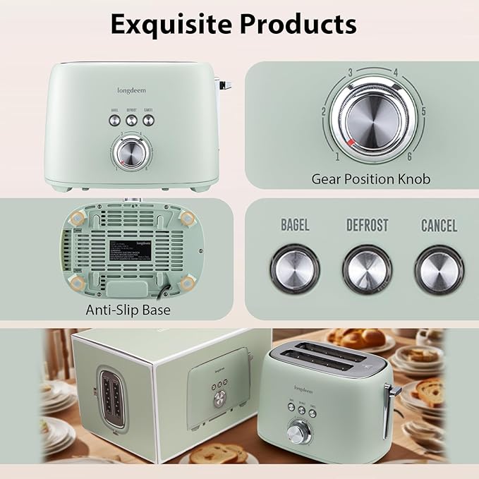 2 Slice Toaster - Stainless Steel, 1.5" Extra Wide Slots, 6 Browning Settings, Bagel/Defrost/Cancel Modes, Green