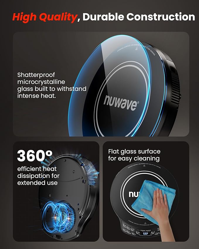 Nuwave Portable Induction Cooktop Diamond with Probe, Advanced Countertop Burner, 91 Temps from 100째F to 500째F, 12?쒾hatter-Proof Ceramic Glass & 6.5?쒱eating Coil, Ideal for RV Camp,Small Apt,Travel