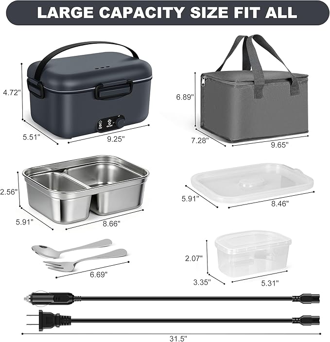 Electric Lunch Box Food Warmer 1.8L - 100W Mechanical Temperature Control Heated Lunch Box for Adults, 12V/24V/110V Fast Heating Lunchbox Food Heater for Work/Car/Truck, Fiambrera el챕ctrica port찼til