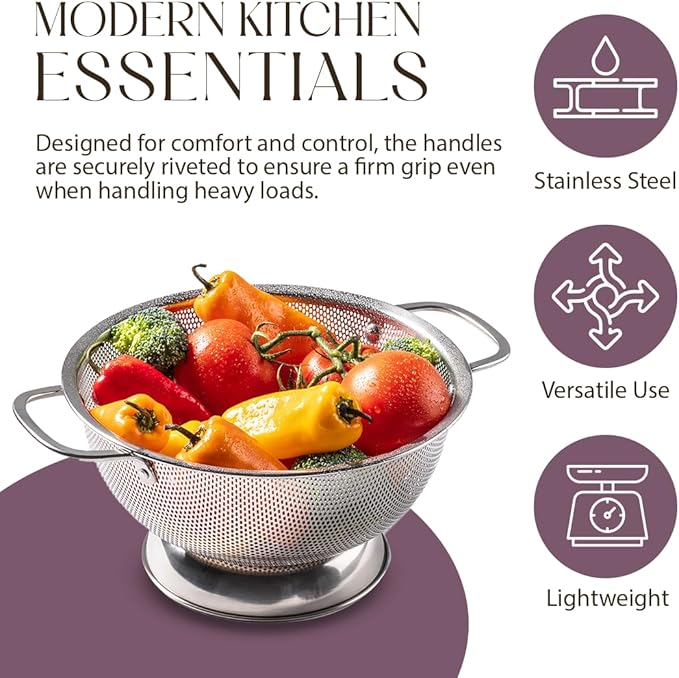 Bellemain Colander for Kitchen ??5 Qt Stainless Steel Strainer with Handle - 18/8 Pasta Strainer Bowl for Pasta, Spaghetti, Vegetables, Fruit, and Pot Draining - Stainless Steel Colander
