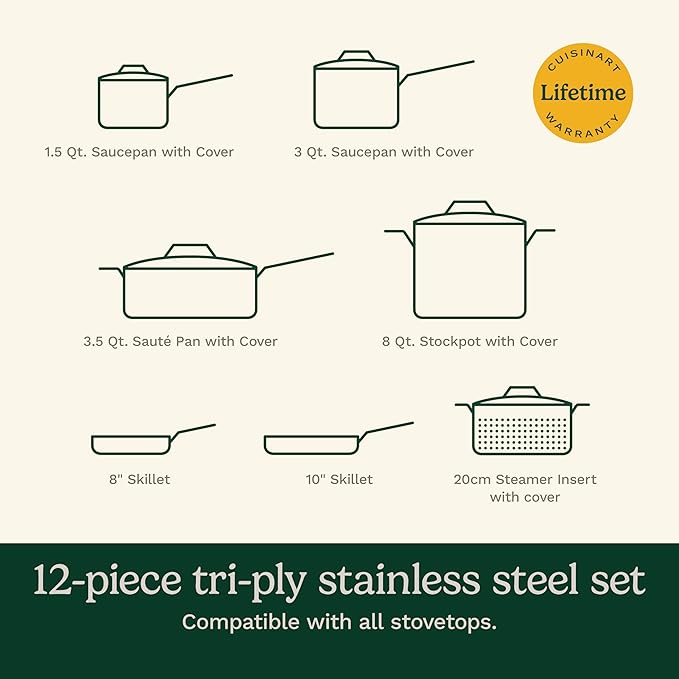 Cuisinart 12-Piece Cookware Set, MultiClad Pro Triple Ply Stainless Steel Cookware Set, Heat Surround Technology, Cool Grip Stick Handles, Oven Safe Up to 500째F, MCPS-12N, Silver