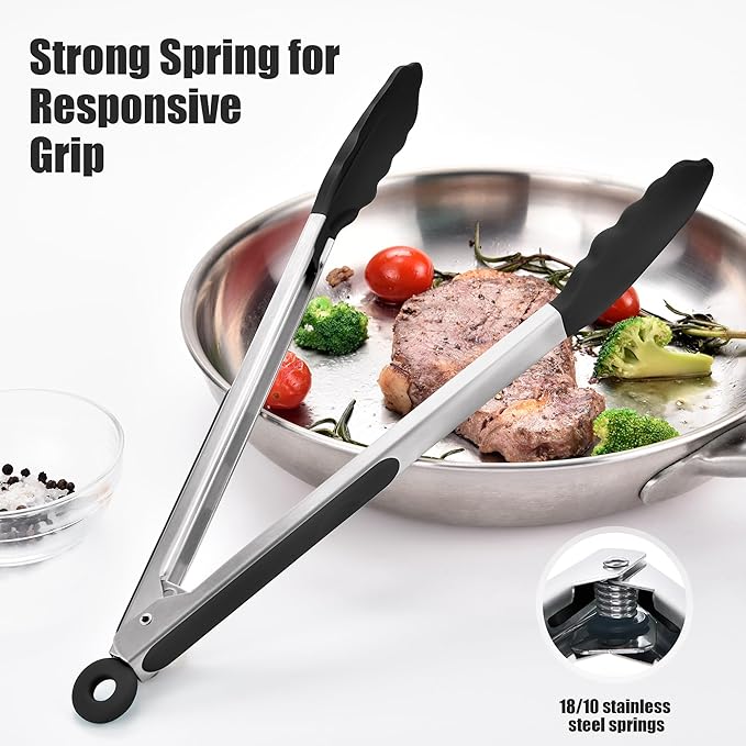 Doosu Kitchen Tongs for Cooking - 600째F Heat Resistant Food Tong with Non-Scratch Silicone Tips, Heavy Duty Stainless Steel Locking Tong for BBQ, Grilling Steak, Serving Salad, Pasta (12in, Black)