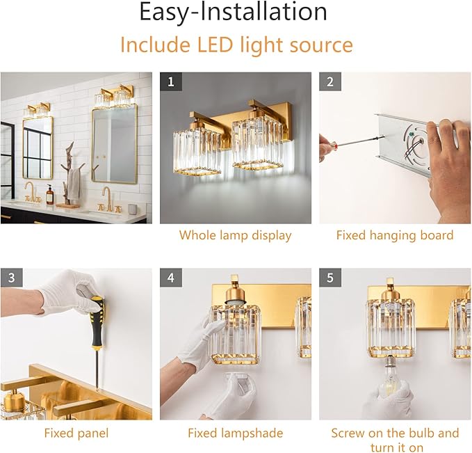 Modern Bathroom Vanity Light 2-Lights Gold Crystal Bathroom Wall Light Vanity Light Fixturesï¼?2.59-inch Modern Minimalist Design