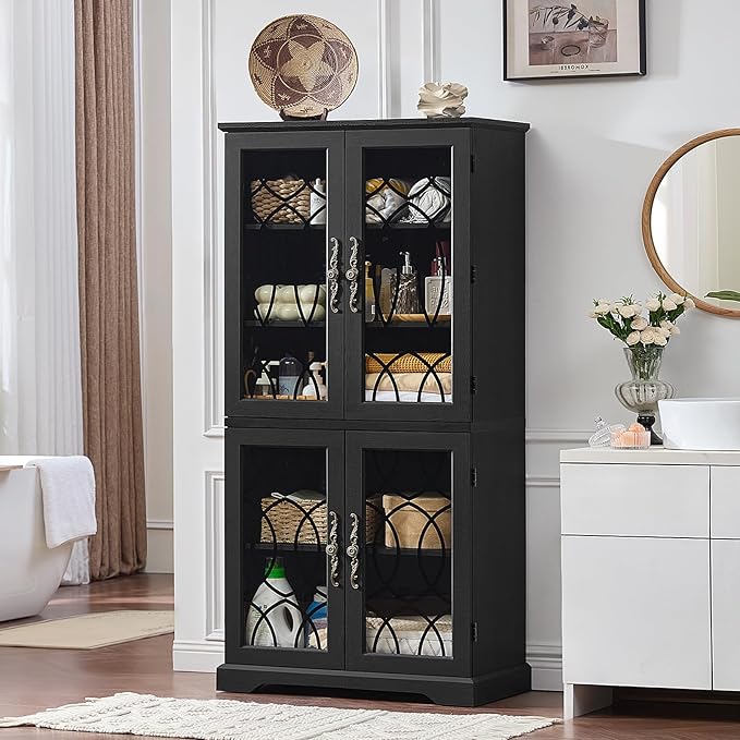 67" Tall Pantry Cabinet Set of 2, Vintage Kitchen Pantries Cabinets with Glass Doors & Adjustable Shelves, Wood Cupboard with Large Storage for Dingning Room, Bathroom, Black