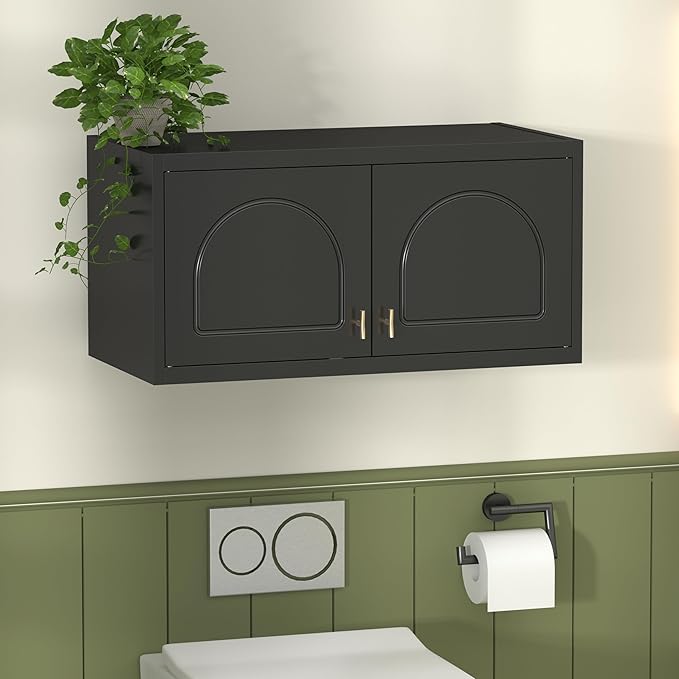 Wall Cabinet with Doors, Small Hanging Cabinet for Kitchen Pantry, Metal Overhead Cabinet for Dining Room, Living Room, Bathroom, 16" D x 32" W x 15" H, Black, Assembly Required