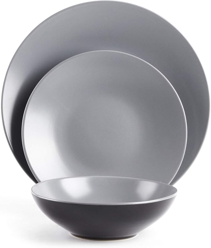 Stoneware Two-Tone Colors Life 12pc Dinner Set, Outside Shiny Black + Inside Matte Light Grey
