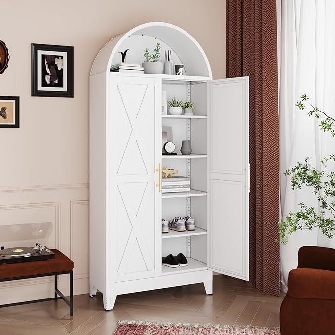 73"H Metal Tall Arched Kitchen Pantry Cabinet, Modern Farmhouse China Storage Cabinets with 2 Door and Adjustable Shelves, Versatile Cupboard for Kitchen, Dining Room, Bathroom, Bedroom(White)