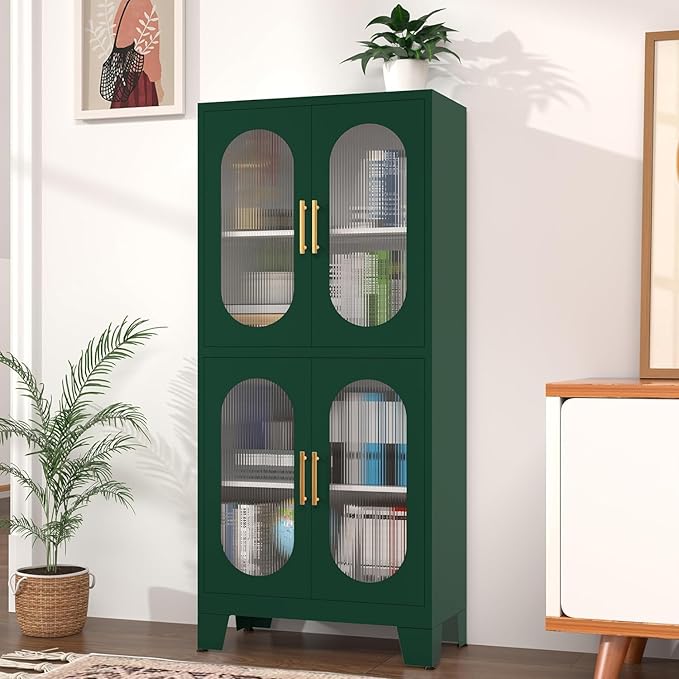 Pantry Storage Cabinet, 61" Pantry Cabinets with Acrylic Glass Doors and Adjustable Shelves, Metal Kitchen Storage Cabinet for Kitchen, Living Room, Laundry Room and Dinning Room(Green)