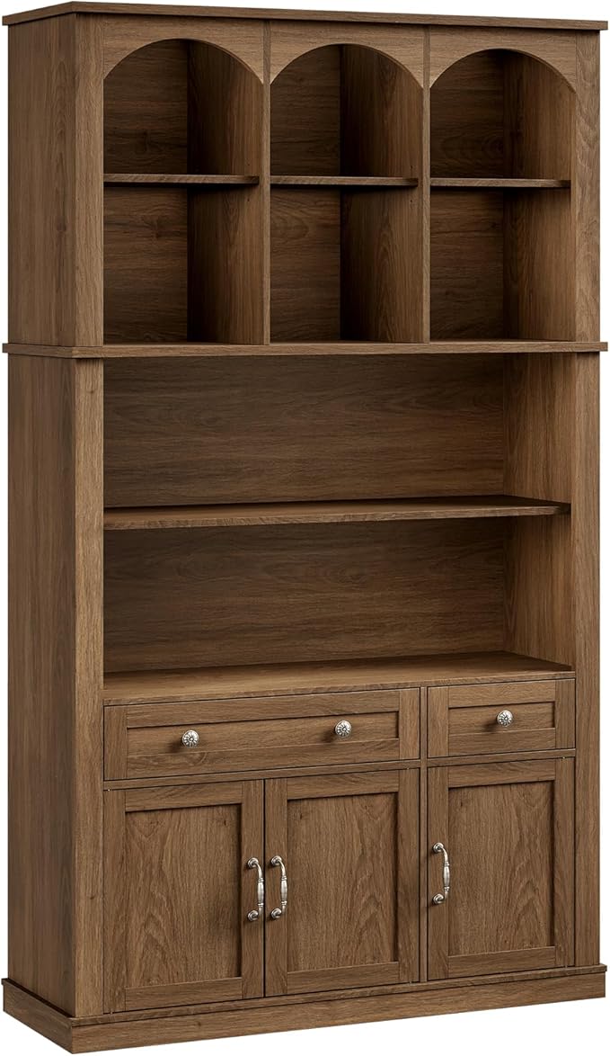 73.2" Tall Farmhouse Arched Bookshelf with Drawer and Door, 6 Tier Mid Century Modern Book Shelf and Bookcase with Storage, Floor Standing Display Cabinet for Living Room, Home Office, Walnut