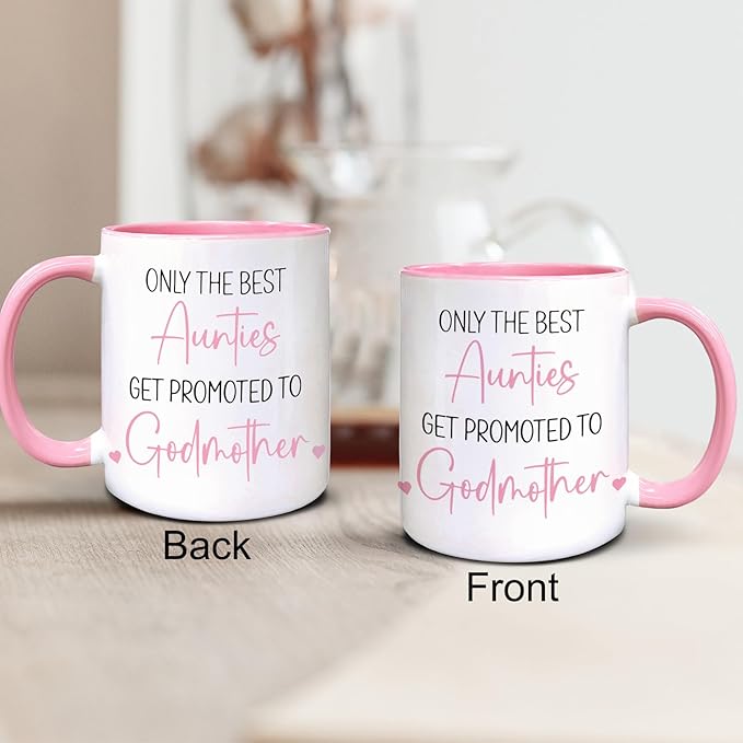 QASHWEY Godmother Coffee Mug, Godmothers Gifts, Aunties Aunt Gifts, Pregnancy Announcement CoffeeMug Tea Cup Gift for Friends Women, Promoted to Godmother Coffee Cups Ceramic 11oz(Pink)