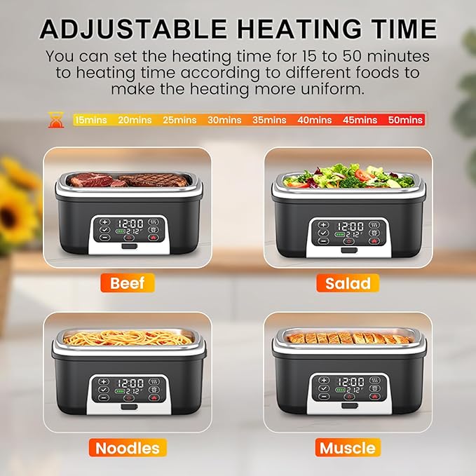 Cordless Electric Heated Lunch Box, XL 6.3Cups 20000mAh Rechargeable Food Warmer Lunch Box with Self Heating, Smart Timer, Adjustable Temperature, Leakproof, BPA Free, Removable Tray Divider