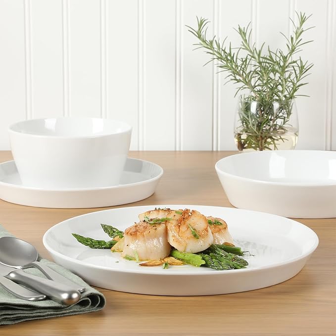 Martha Stewart Selma Chip & Scratch Resistant Dinnerware Set ??White Plates and Bowls, Durable Dishwasher and Microwave Safe Dishes Set for Everyday Use