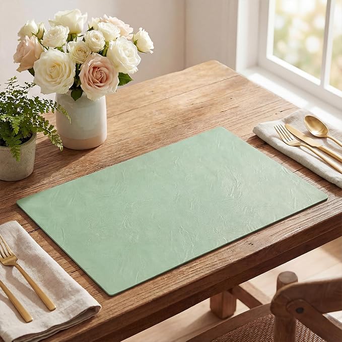 Artoid Mode Sage Faux Leather Placemats Set of 6, 12x18 Inch Waterproof Wipeable Heat Resistant Place Mats, Reversible Table Mats for Spring Kitchen Dining Decor