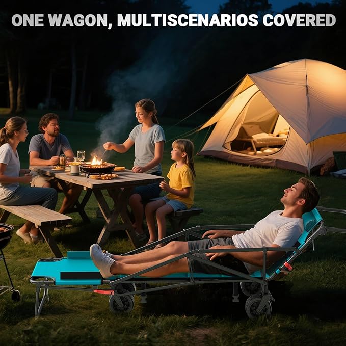 LEVELEVE Heavy Duty Folding Wagon - 2-in-1 Collapsible Cart, 650lb Capacity, All-Terrain Wheels w/Brakes & Side Pockets (Sky Blue)