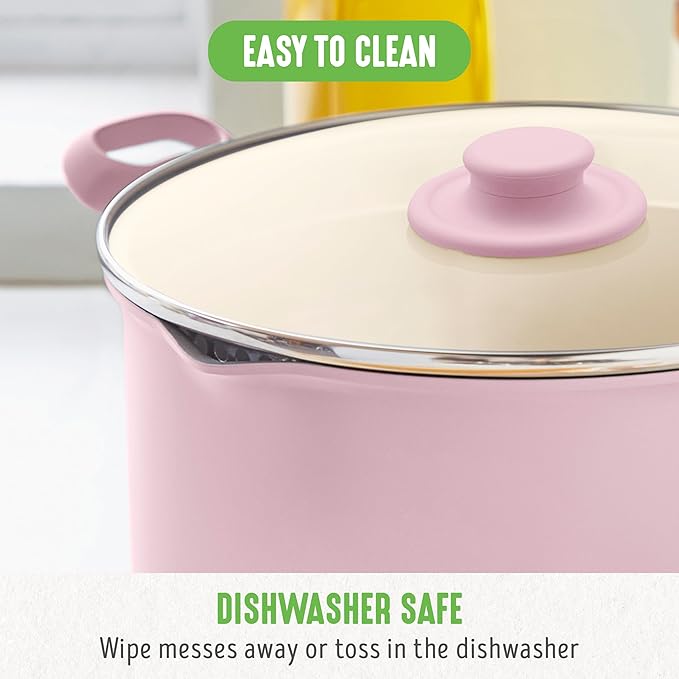 GreenLife 6QT Ceramic Nonstick Stockpot with Glass Straining Lid, PFAS-Free, Dishwasher Safe, Stay-Cool Handles, Oven Safe to 350째F, Wobble-Free Base, Even Heating, Pink