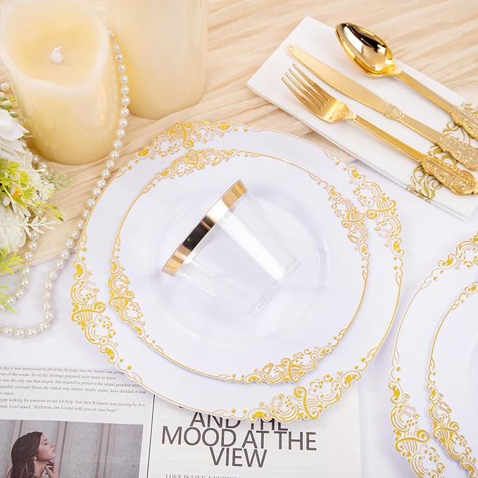 Hioasis 175pcs White and Gold Plates - White Party Plates for 25 Guest, Include 50 Heavy-duty Plates(20% Thicker Than Standard), 25 Cutlery Set, 25 Napkin, 25 Cups