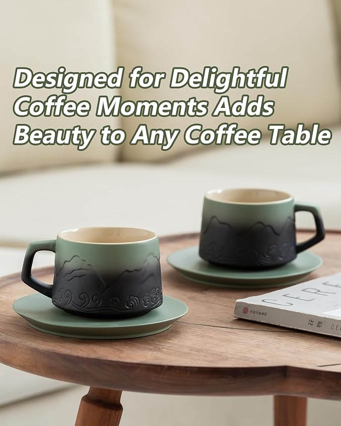 ZENS 8 Ounce Cappuccino Cups Set of 4, Embossed Artistic Cappuccino Mug with Saucers for Latte Art, Ceramic Coffee Cups for Au Lait Cafe or Matcha Tea Cup Gifts, Moss Green & Black