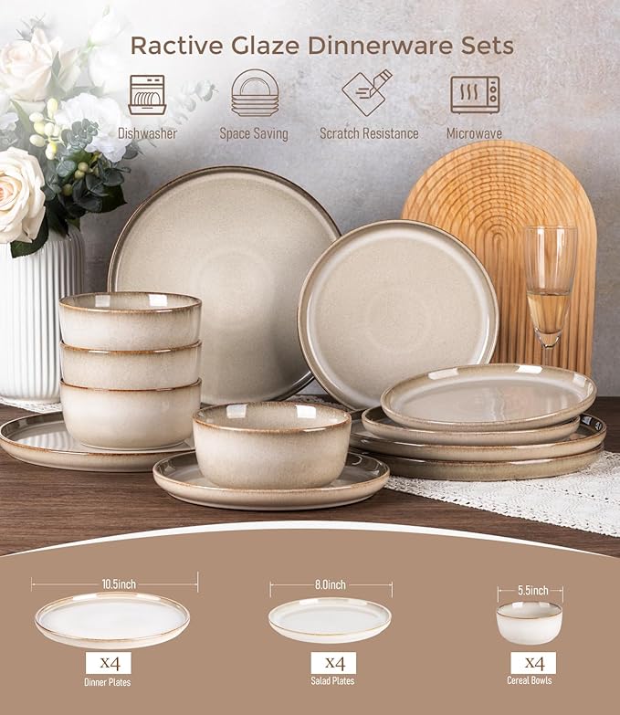 GBHOME Ceramic Dinnerware Sets for 4, 12 Pieces Stoneware Plates and Bowls Sets, Scratch Resistant Dishes, Dishwasher & Microwave Safe, Reactive Glaze-Almond Cream