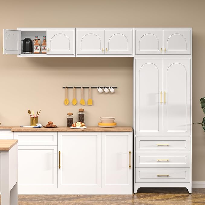 Kitchen Pantry Cabinet with 3 Drawers, 90" Tall Metal Storage Cabinets with Doors and Shelves, Food Cupboards for Dining, Living Room, 16" D x 32" W x 90" H, White, Assembly Required