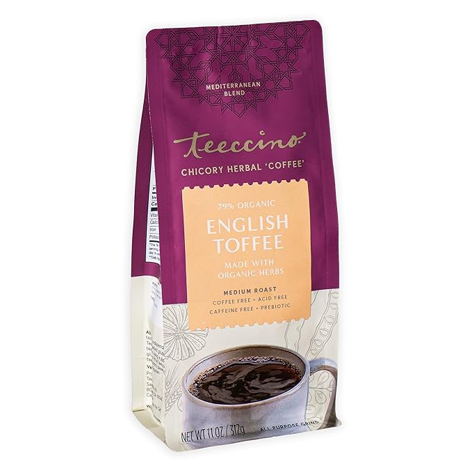 Teeccino English Toffee Chicory Coffee Alternative, 11 Oz - Ground Herbal Coffee that?™s Prebiotic, Caffeine Free and Acid Free, Medium Roast, 11 ounce