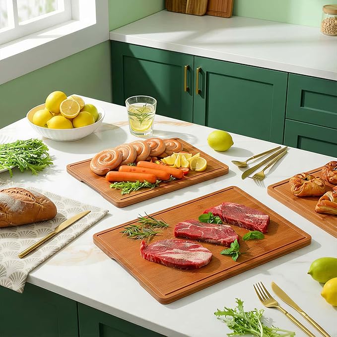 Zarler Bamboo Cutting Boards for Kitchen, Durable Wood Cutting Board with Juice Grooves and Handles, Wooden Chopping Borad Set for Meal Prep, 500??Carbonized Bamboo, XL Size, Ideal Kitchen Gift