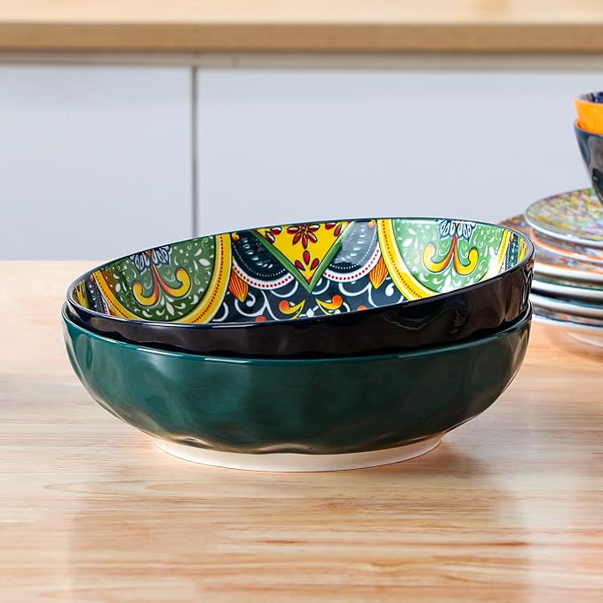 vancasso Large Serving Bowls, 78 Oz Extra Large Salad Bowls Set of 2, Bohemian Decorative Bowls for Salad, Fruit, Pasta and Dinner, Serving Dishes Set for Party, Dishwasher & Microwave Safe竊뛉reen