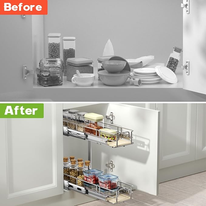 ROOMTEC 2 Tier Individual Pull Out Cabinet Organizer 7쩍"W x 21쩍"D, Slide Out Wood Shelves Organizers, Pull Out Drawers Organization and Storage for Kitchen Cabinet