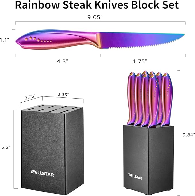 WELLSTAR Steak Knives Set of 8 with Wood Block, 4.75 Inch Rainbow Serrated Steak Knife Set, Razor Sharp German Stainless Steel with Full Tang Handle, Space Saving Steak Knife Set