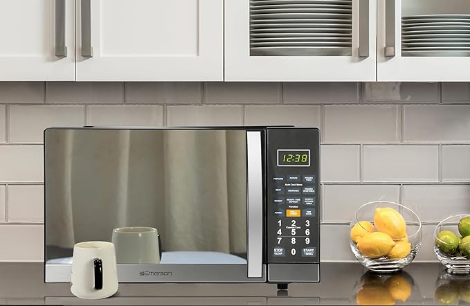 Emerson MWG1191SB 1.1 Cu. Ft. Microwave with Built-In Grill Function, 1100W Power, Stainless Steel, LED Timer Display, 11 Power Levels, 9 Preset Cooking Options, Removable Glass Turntable, Child Lock