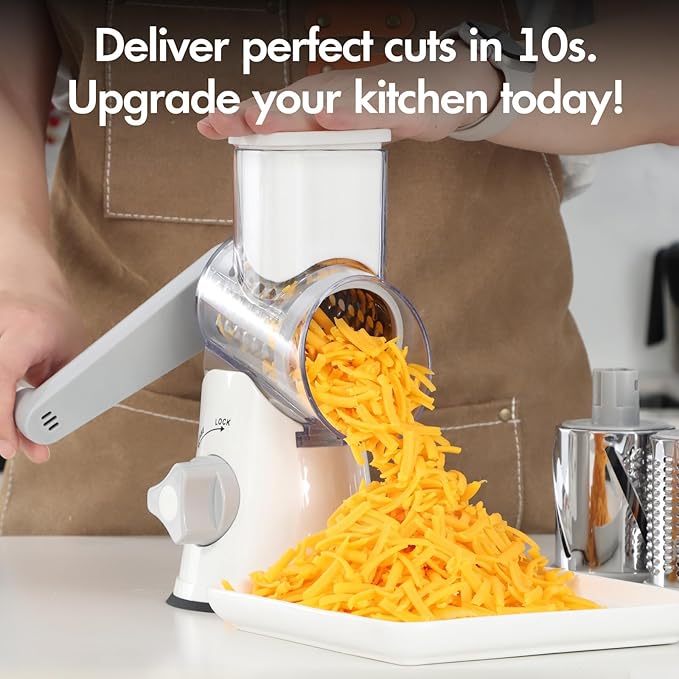 Ancevsk Rotary Cheese Grater with Handle, Kitchen Speed Hand Crank Vegetable Slicer, Potato Hash Brown Shredder Spinning Nut Grinder with 3 Replaceable Stainless Steel Drum Blades (White)