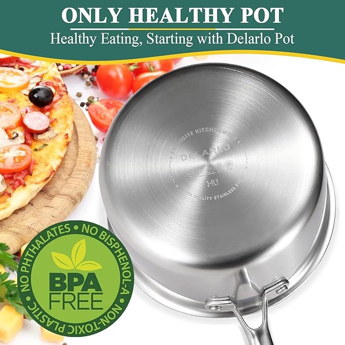 DELARLO Sauce Pan Sets, Compatible with All Cooktops 600?? Full Clad Triply Stainless Steel Saucepan, 1QT Pot & 2 QT Pot with Steamer (Lids 300??